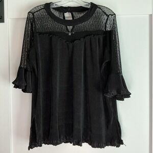 Jodifl Solid Black Ruffle Short Sleeve Sheer Lace Shirt Womens Size M Whimsigoth